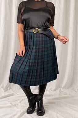 1960s Alfred Dunner Green & Blue Tartan Wool Kilt – Size L/XL